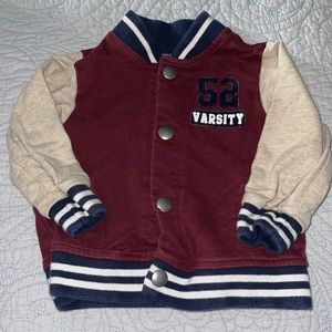 9-12 months Varsity jacket snap front maroon, tan, navy. 52 Varsity Front pocket